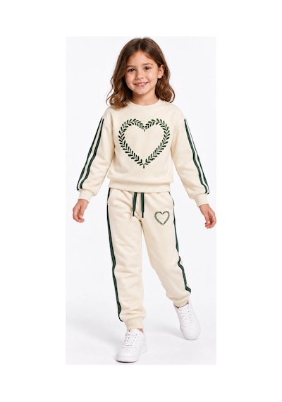 Rony Pony Kids Kız Çocuk Ekru Yeşil Kalp Desenli Şeritli Eşofman Takımı Sweatshirt Ve Jogger Pantolon Beyaz Yeşil