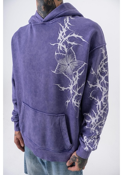 Respire Erkek Far From Basic Baskılı Yıkamalı Kapüşonlu Oversize Hoodie Mor