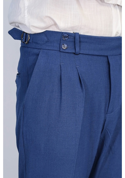 Saks Mavisi Çift Pileli Tokalı Yüksek Bel Slim Fit Pantolon Wessi Koyu Mavi