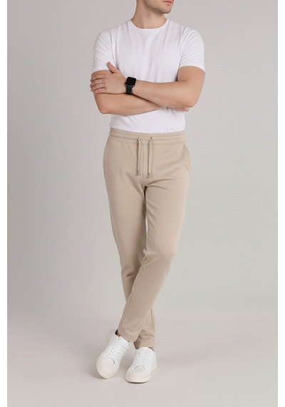 Bürke Erkek Bej Beli Lastikli Bağcıklı Duble Paça Jogger Pantolon