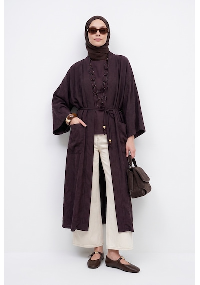 Avenna Doğal Kumaş Kuşaklı Cepli Beli Kuşaklı Kolyeli Kimono Kahverengi 26ya511