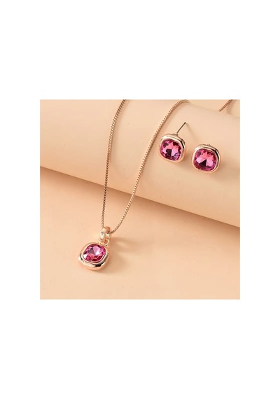 Joyra - Rose Gold Pembe Taşlı Geometrik Şık Tasarım Kolye Ve Küpe Takı Seti