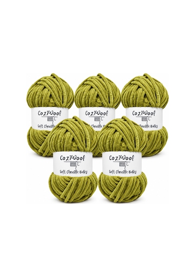 Kadife İp Soft Chenille Bulky 5'li Paket 5x100 Gr 120 Mt El Örgü İpi Yağ Yeşil - 875823131