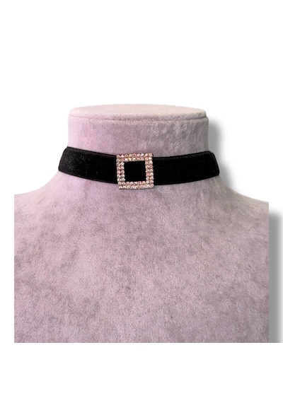 Kırmızı Sanat Evi Kadife Kare Taşlı Choker Kolye Siyah