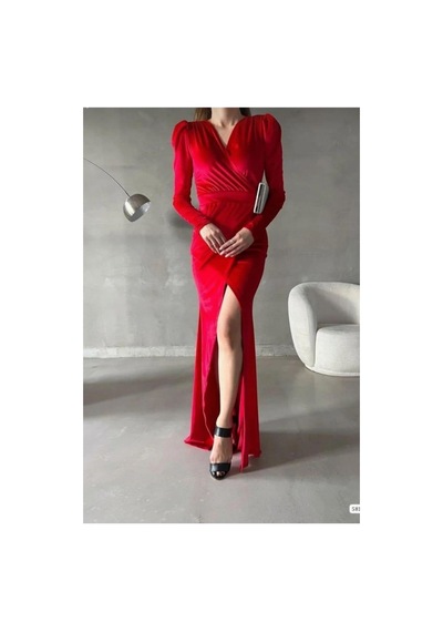 Lior Design Kadın El Emeği Kadife Kumaş Kruvaze Yaka Yırtmaçlı Maxi Abiye Elbise Kırmızı Lior Design Kadın El Emeği Kadife Kumaş Kruvaze Yaka Yırtmaçlı Maxi Abiye Elbise Kırmızı