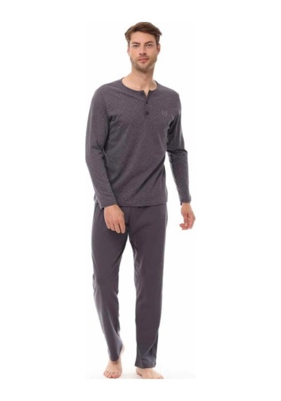 Pijadore %100 Pamuk Erkek Uzun Kol Pijama Takımı 1523 Füme