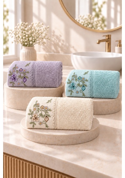 Bahar Dalı Çiçek Nakışlı El Yüz Havlusu 50x90 Cm 3 Lü Set %100 Pamuk - Aqua Lilac Çok Renkli