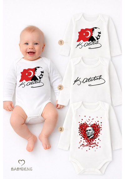 Babyden's Atatürk Temalı 3 Lü Bebek Body Seti %100 Pamuk Uzun Kollu Çıtçıtlı Zıbın Body Beyaz