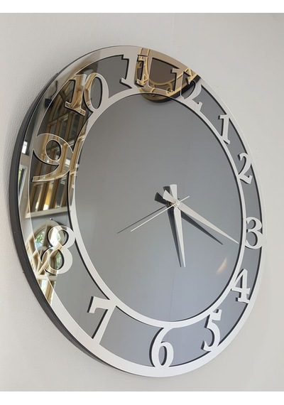 Ayna Denizi Silver Matris Smoked Model Gümüş Füme Renk 50 CM Dekoratif Aynalı Duvar Saati Gümüş
