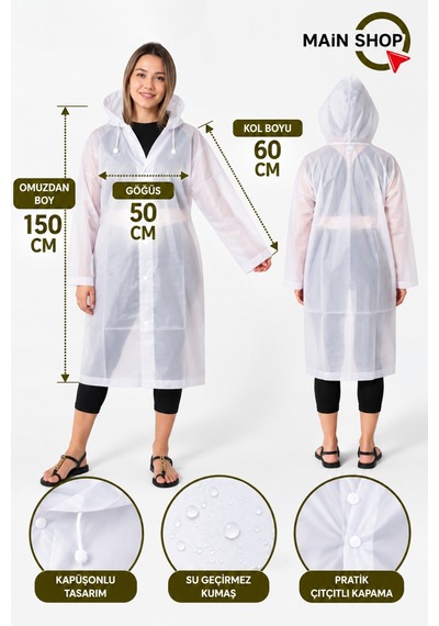 Mainshop Unisex Yağmurluk Kapüşonlu Çıtçıtlı Su Geçirmez Uzun Yağmurluk Kadın Erkek Beyaz