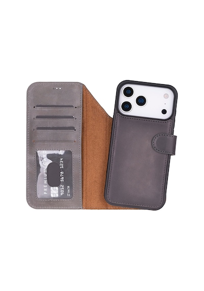 Bloomcase Magic Wallet Ash Gray Apple Uyumlu iPhone 17 Pro 6.3" Hakiki Deri Çıkarılabilir Cüzdanlı Telefon Kılıfı Gri