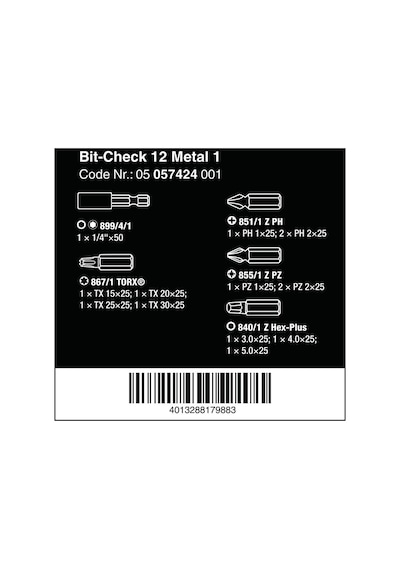 Wera Bit-Check 12 Metal 1 Bits Seti 05057424001
