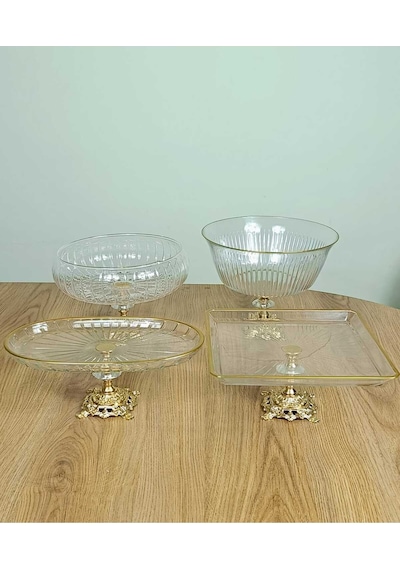 Elta Collection Gold Detaylı Metal Ayak 4 Parça Sunum Ve Servis Seti Gold