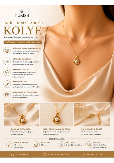 Kadın Gold İncili Midye Kolye 01 - Gold