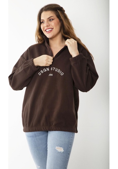 Şans Kadın Büyük Beden Kahve İçi Şardonlu Ön Pat Fermuarlı Nakışlı Sweatshirt 65n37202-kahve Kahverengi
