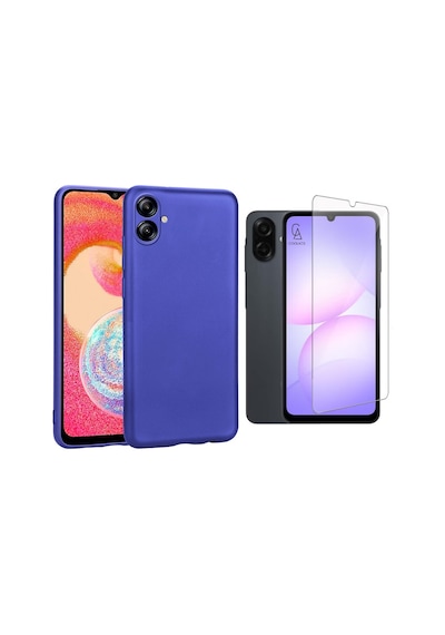 Samsung Galaxy A07 İle Uyumlu Kılıf Soft Yumuşak Telefon Kılıfı Ve Temperli Cam Ekran Koruyucu Saks Mavi