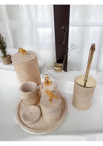 Sarı Traverten Klasik Model 7 Parça Gold Renk Japon Gülü Aksesuarlı Banyo Seti Sarı Traverten