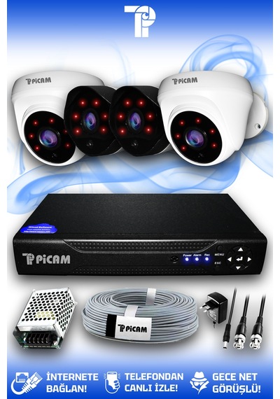 Picam 4 Kameralı Uzay 2 İç Kamera Set HDD'siz Full HD Gece Görüşlü Güvenlik Kamerası Sistemi