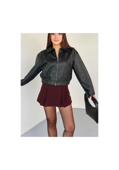 Blanco Kadın Yeni Sezon Siyah Oversize Biker Crop Bomber Deri Ceket Siyah Siyah