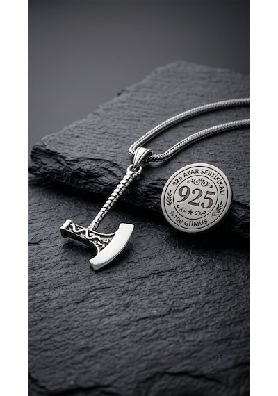 925 Ayar Gümüş Erkek Kolye - Oksitli Viking Savaşçı Baltası Uçlu Tilki Kuyruğu Örgü Zincir Rzn10415
