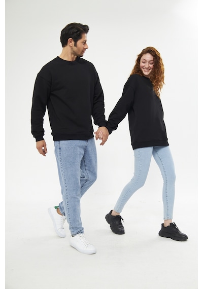 Unisex Siyah Oversize Basic Sweatshirt Çift Kombini Tavsiyesi Siyah