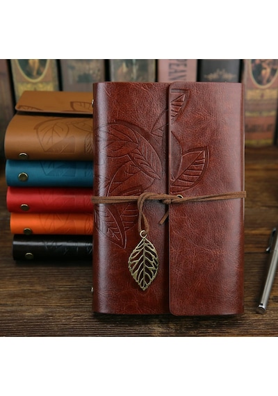 Retro Vintage Yapraklı Not Defteri, Klasik Pu Deri Kapak, Seyahat Defteri, Travel Journal, Günl