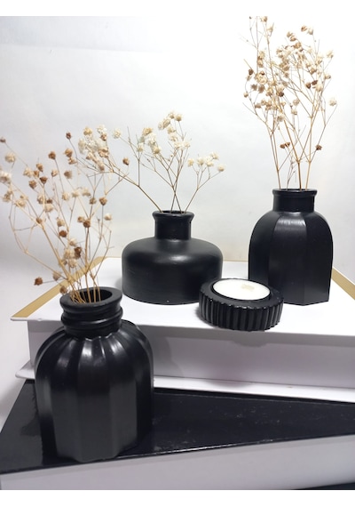 Modern Minimal Vazo Set 3'lü, Ev & Ofis Hediyelik, Dekoratif Obje, Siyah