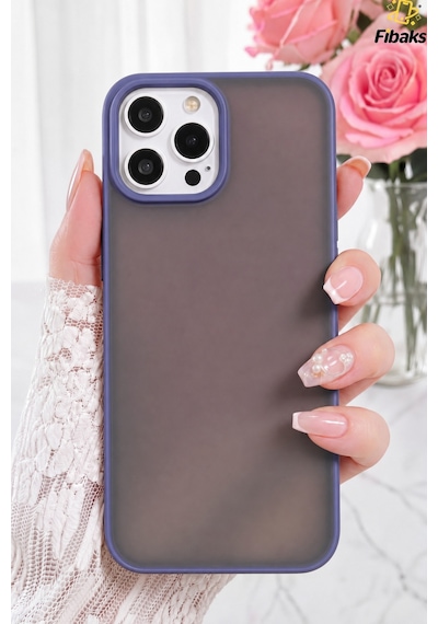Fibaks iPhone 14 Pro Max Uyumlu Kılıf Metal Çerçeve Hassas Butonlu Renkli Buzlu Şeffaf Transparan Kapak Mor
