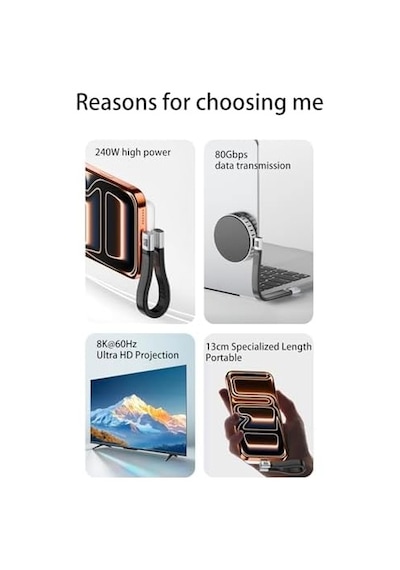 Usb4 13 Cm Type-c Kablo 80gbps, 240w Pd 3.1 Hızlı Şarj, 8k 60hz Görüntü Aktarımı, Kısa Esnek Usb-c Kablo, Thunderbolt 4 İle Uyumlu Otgh