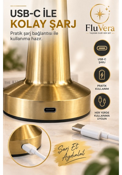 Düz Başlık Şarjlı Led Masa Lambası Kablosuz Dekoratif Masa Lambası Usb-c Şarjlı Portatif Modern Tasarım Altın