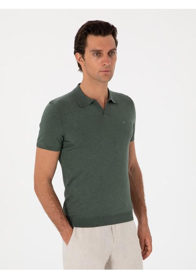 Koyu Yeşil Slim Fit Apaş Yaka Triko T-shirt