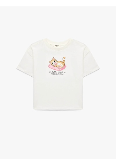Koton Kedi Baskılı Ekru Kız Çocuk T-shirt 6skg10585ak