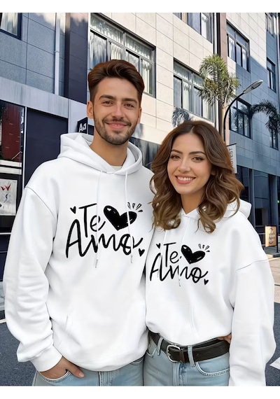 Nevermind Te Amo Çift Hoodie Oversize Unisex Sevgili Kombin Sweatshirt Beyaz
