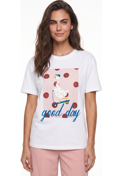 Onloox Kadın Beyaz Beyaz Yumuşak Dokulu Bisiklet Yaka Kısa Kollu Relaxed Fit Figür Baskılı Nakışlı T-shirt