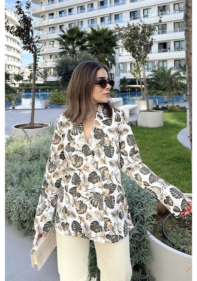 Kadın Haki Desenli, Uzun Kol, Düğme Kapamalı, Kruvaze Ceket Kahve