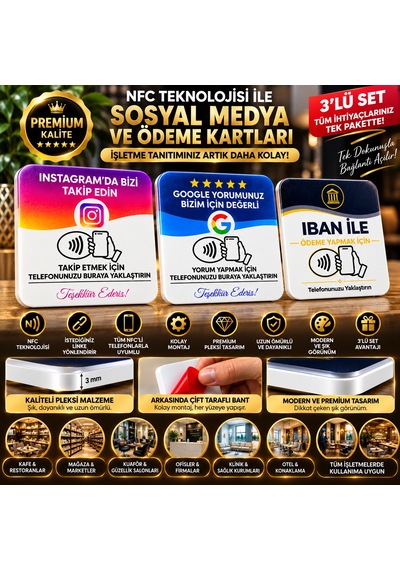 3'lü Premium Nfc Kart Seti Instagram Takip Google Yorum Ve Banka Ödeme Kartı Tanıtım Pleksi Kartlar