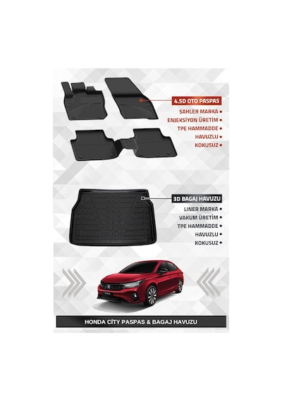 Sahler Honda City 2019+ Uyumlu 4.5d Premium Havuzlu Paspas Ve Liner Marka 3d Bagaj Havuzu