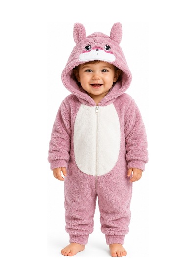 Tatlı Ayıcık Desenli Welsoft Peluş Kapüşonlu Fermuarlı Kışlık Unisex Bebek Tulumu 40197 Pembe