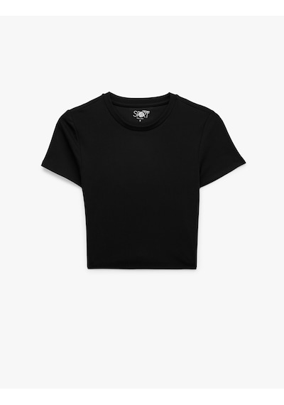 Koton Slim Fit Kısa Kollu Bisiklet Yaka Crop Spor Tişört Siyah 6sak10236nk