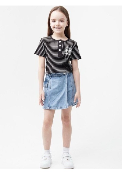 Zekids Kız Çocuk Lc Aplikeli Çizgili Crop T-shirt-13940 Siyah