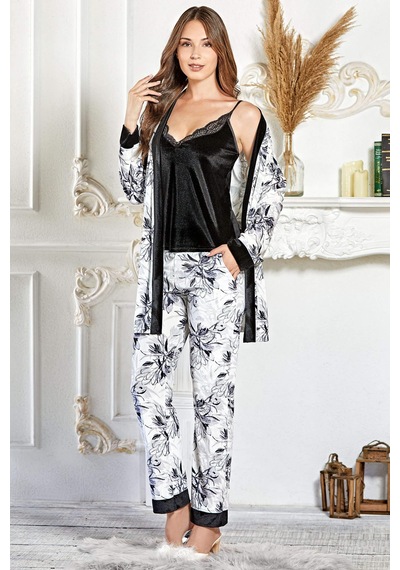 Kadın Sabahlıklı Kadife Üçlü Pijama Takım Çeyiz Fantazi Set Flz 31-93 Siyah