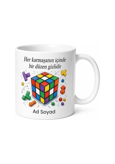 Rubik Küpü Çizimli Karmaşık Sorunları Çözen Zeki Arkadaş Kupası Hediye Beyaz / Çok Renkli