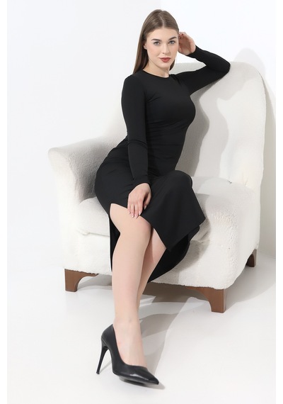 Gugus Trend Kadın Siyah Hailey Uzun Kollu Maxi Elbise Yırtmaçlı Model Ssiyah