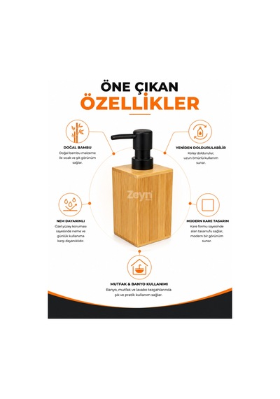 Bamboo Kare Sıvı Sabunluk Doğal Bambu, Siyah Pompalı, Yeniden Doldurulabilir Banyo & Mutfak Sabun Ve Losyon Dispenseri