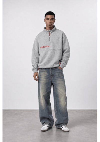 Respire Erkek Reset Baskılı Lastik Detaylı Half Zip Oversize Sweatshirt Gri Melanj