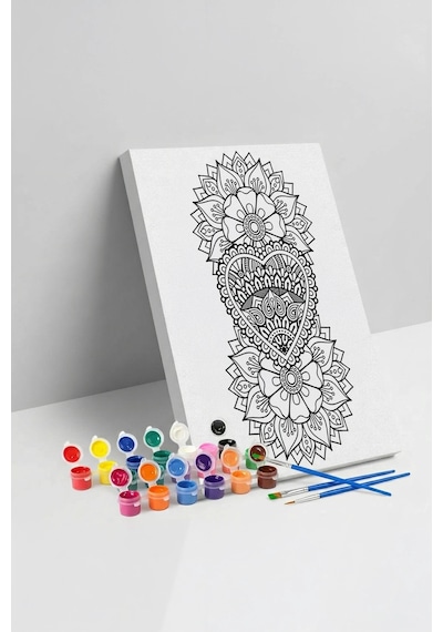Kalp Çiçek Desenli Mandala Tuval Boyama Seti 40x50 Cm
