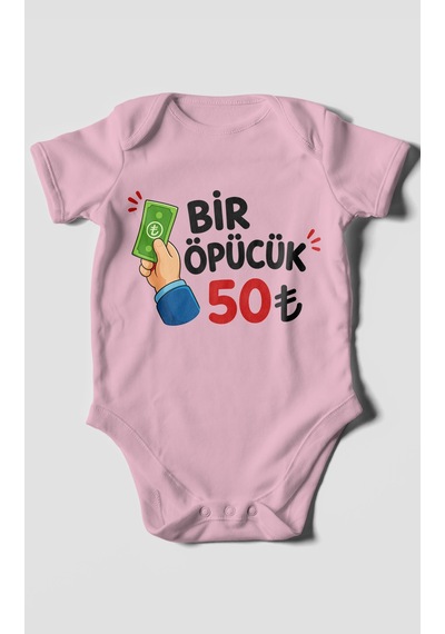 Morivokids Bir Öpücük 50tl Kısa Kollu Bebek Body %100 Pamuk Koyu Pembe