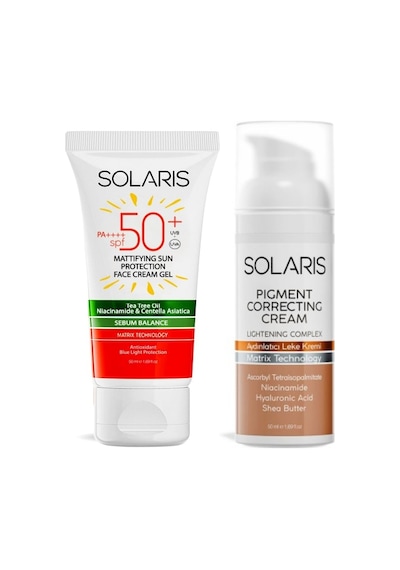 Solaris Yağlı Cilt Tipleri İçin Mat Bitişli Jel Güneş Kremi Spf 50+ 50 Ml Ve Aydınlatıcı Leke Kremi 50 Ml