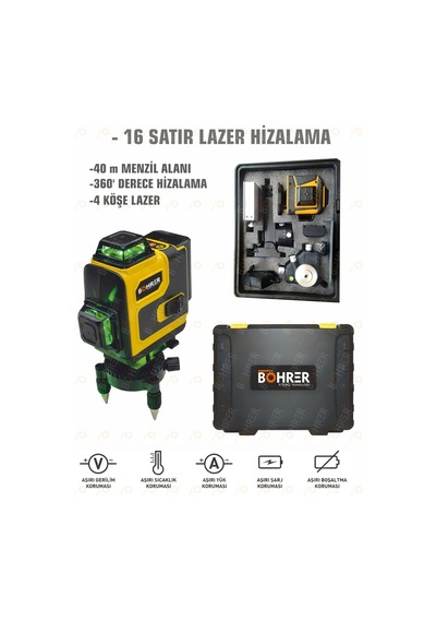 Böhrer Bh16st Profesyonel 2x Li-on Batarya 4x360 16 Satır Otomatik Hizalama Çapraz Çizgi Lazer + Kumanda