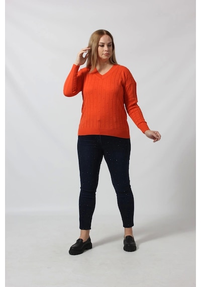 Moda Berray Y6328 Fındık Örgü Detaylı Triko Kazak Turuncu